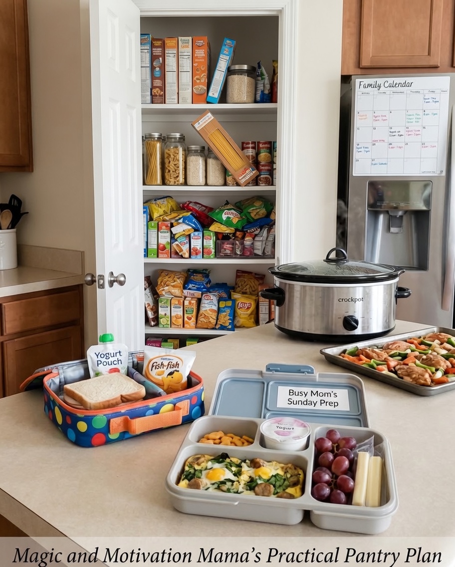 Sunday prep on the counter with lunches, a crockpot, and a lived-in pantry