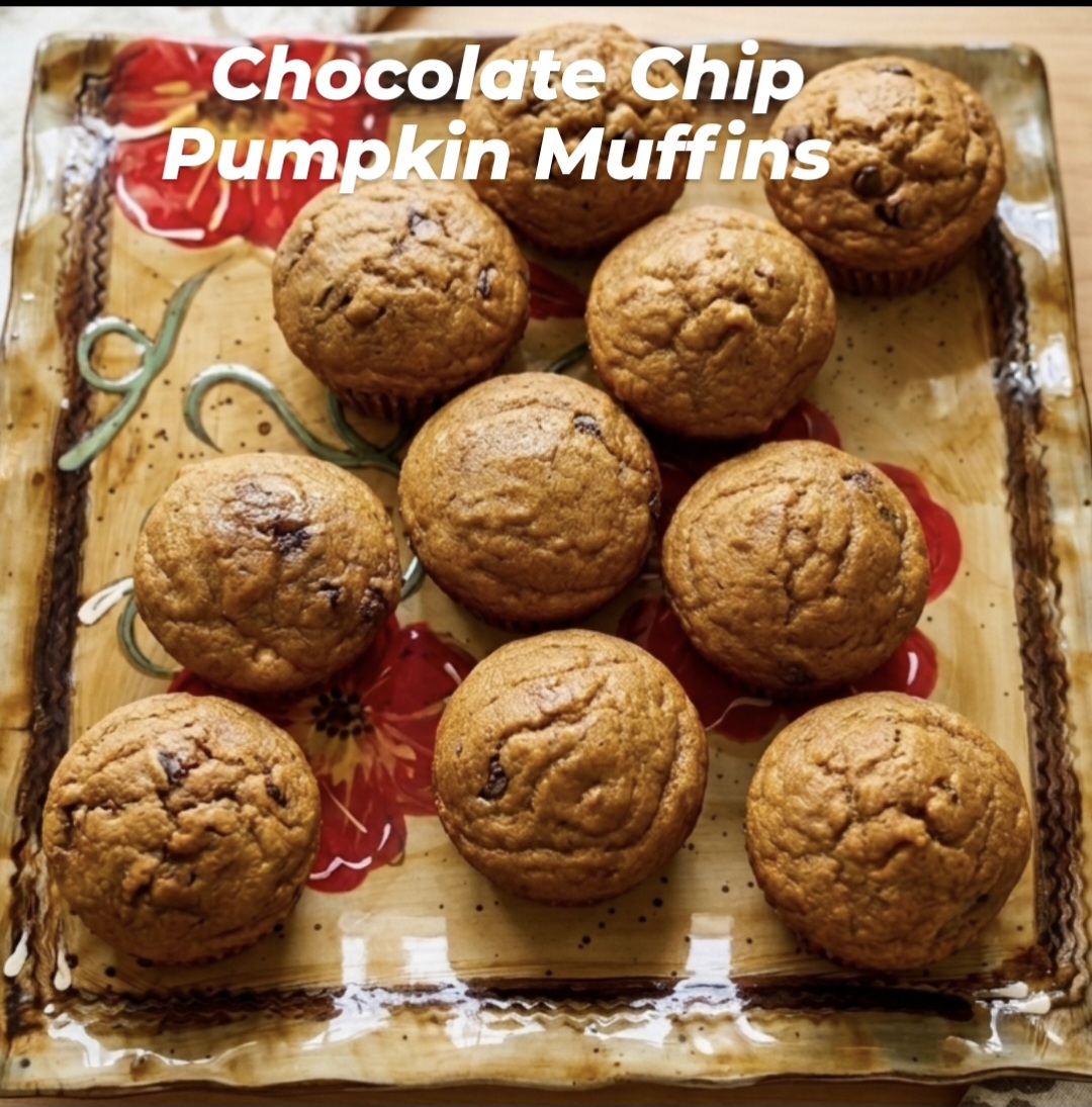 Chocolate chip pumpkin muffins on a floral serving platter