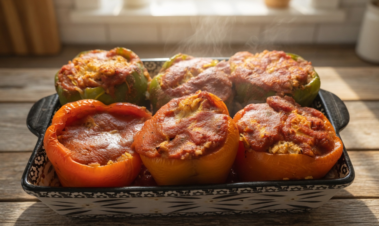 Ground chicken stuffed peppers in a baking dish