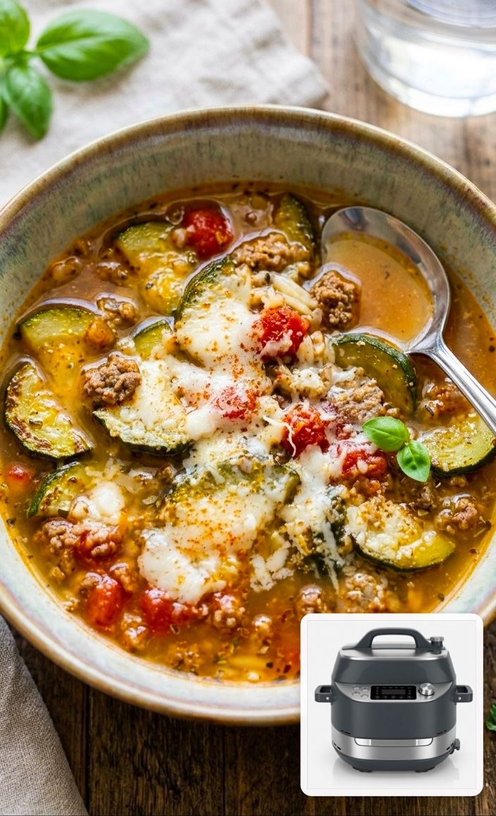 Sausage and zucchini soup pin with Ninja PossibleCooker