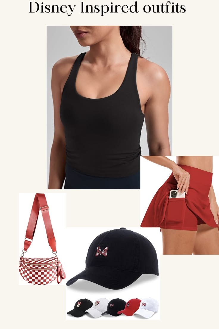 Pink athletic skort tank and Mickey accessories