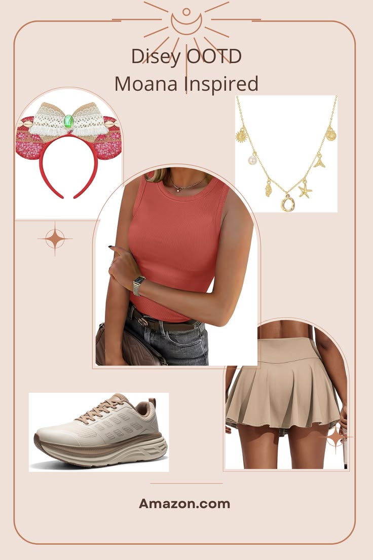 Disney OOTD Moana inspired park outfit with ears, coral tank, gold necklace, skort, and sneakers