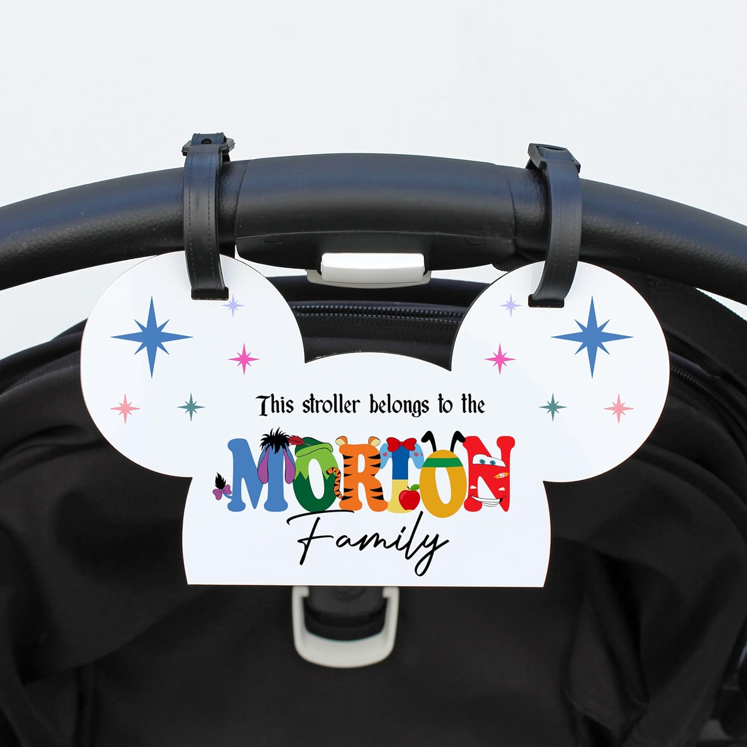 Personalized Stroller Name Tag, Mouse Ears Sign, Family Stroller License Plate Sign for Theme Parks, Amusement Park Family Sign (Style 11)